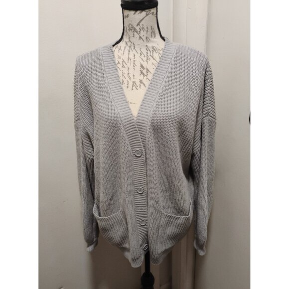 FOREVER 21 Women's Gray Long Sleeve Cardigan V Neck Button Front Pocket Large - Picture 5 of 15